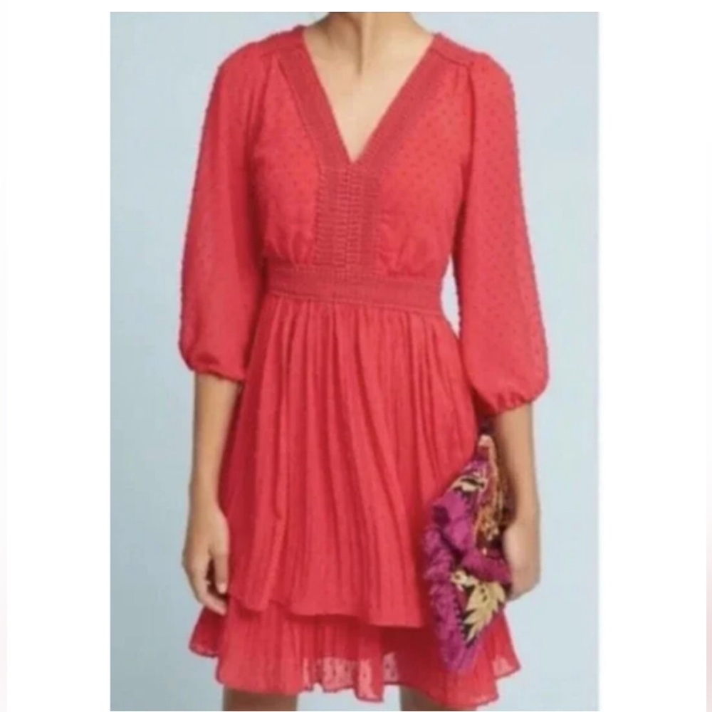MEADOW RUE by ANTHROPOLOGIE RED MINETTA V-NECK SWISS DOT TIERED DRESS